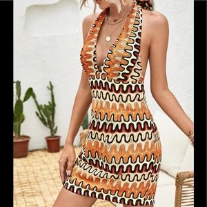 Plunging Halterneck Geo Crochet Dress